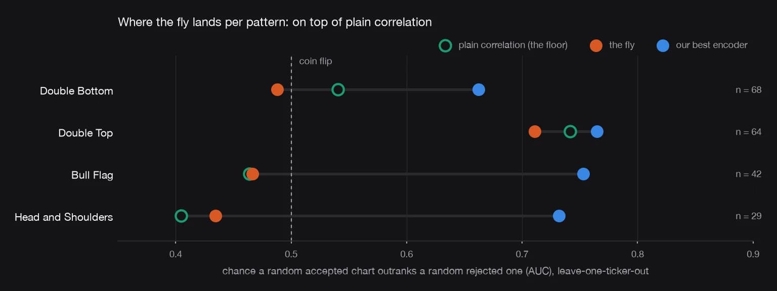 A dot plot titled Where the fly lands per pattern: on top of plain correlation. Four rows, Double Bottom, Double Top, Bull Flag and Head and Shoulders, each with three dots on an axis from 0.4 to 0.9 labelled chance a random accepted chart outranks a random rejected one. A hollow green dot marks plain correlation, an orange dot the fly, a blue dot our best encoder. In every row the orange and green dots sit within a few hundredths of each other, and the blue dot sits well to the right, except on Double Top where all three cluster between 0.71 and 0.76. A dashed line at 0.5 is labelled coin flip.